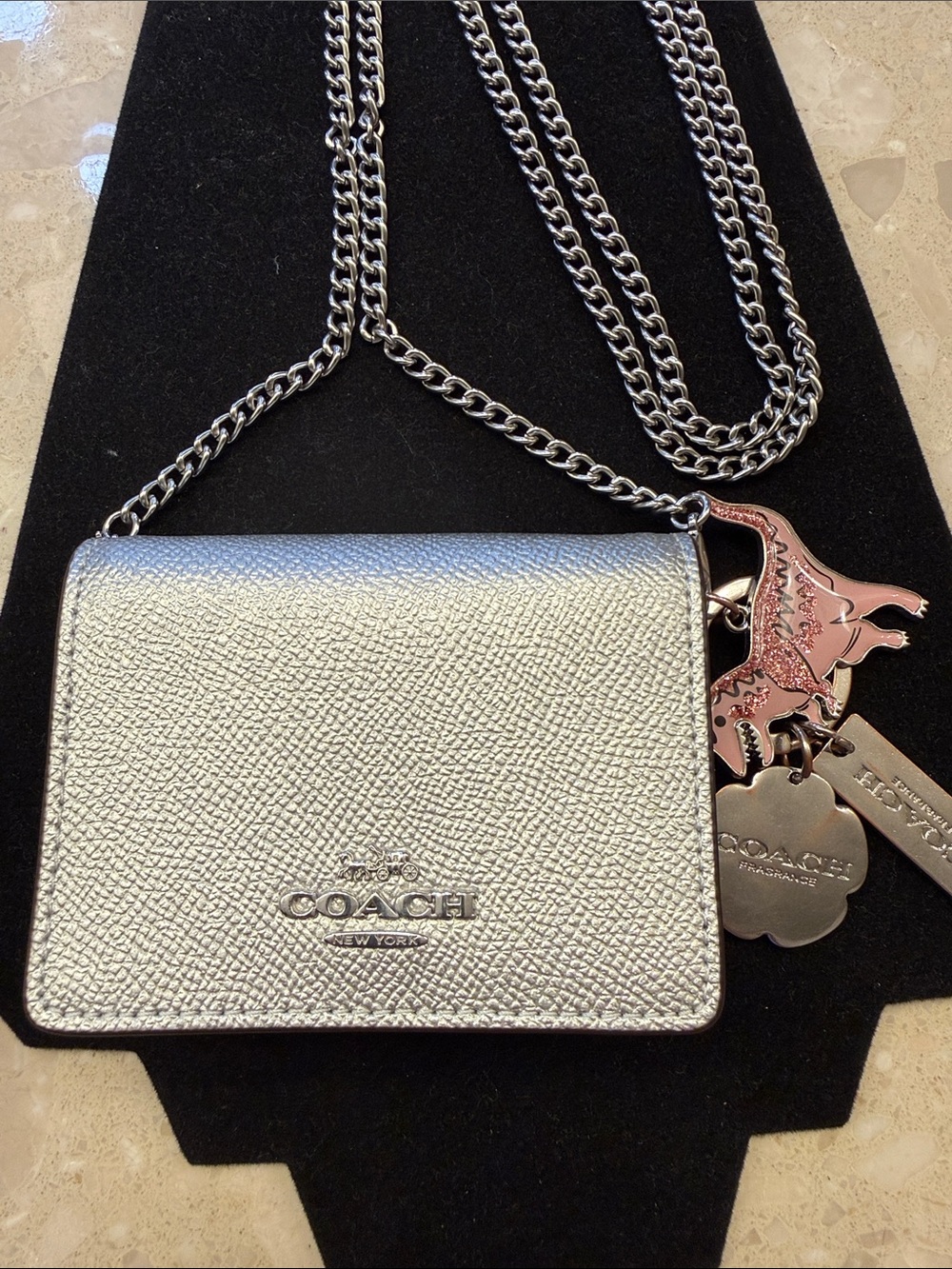 Coach Silver Metallic Micro Crossbody Wallet with Charm Cluster